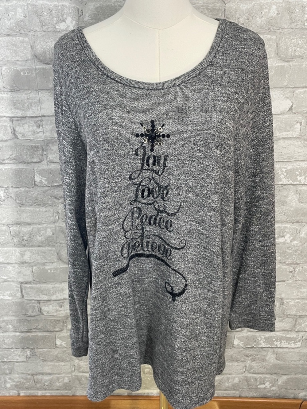Avenue Gray Knit Scoop-Neck Holiday Script Sweatshirt